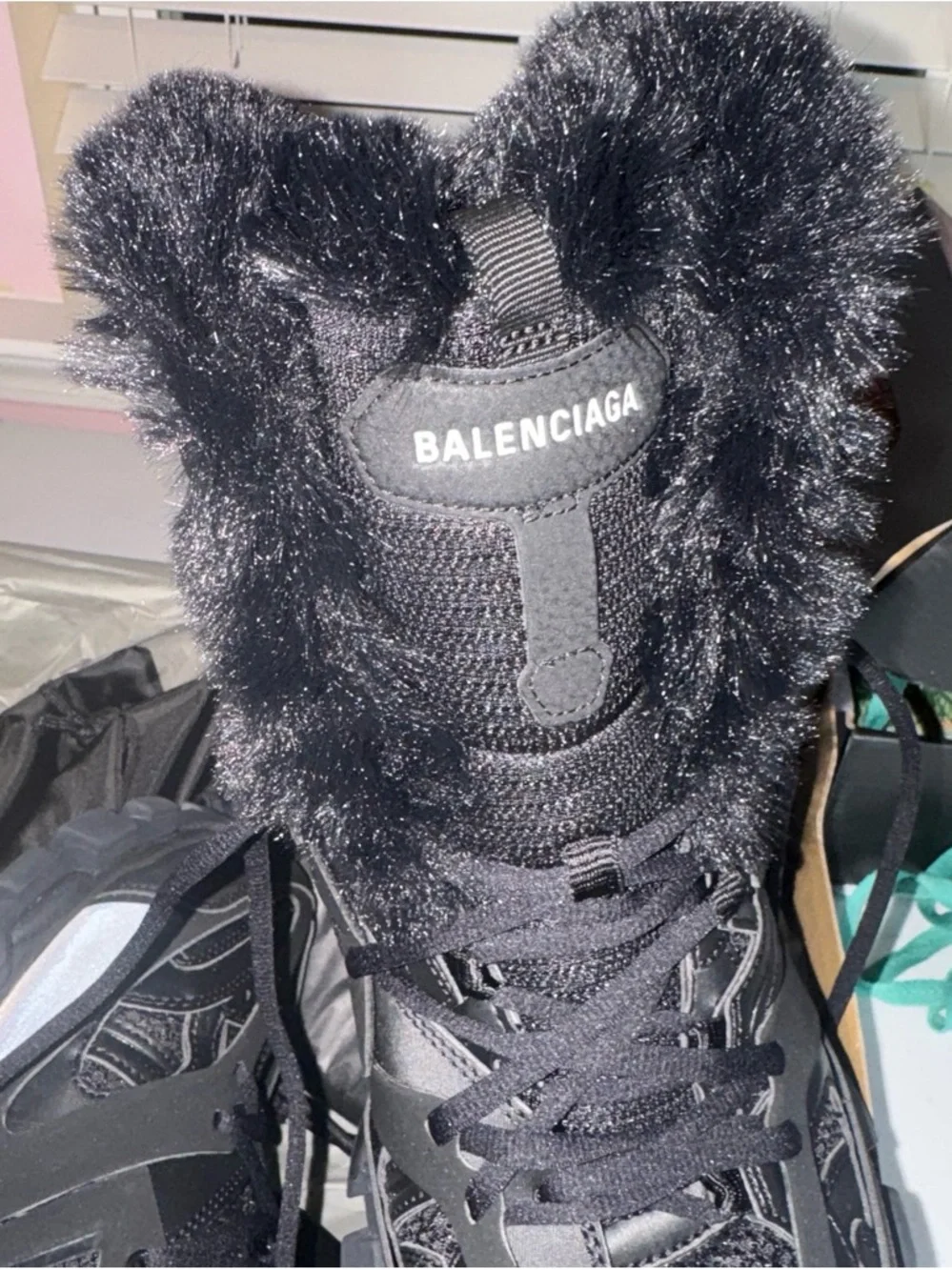 Balenciaga Black Faux Fur Trail Boots